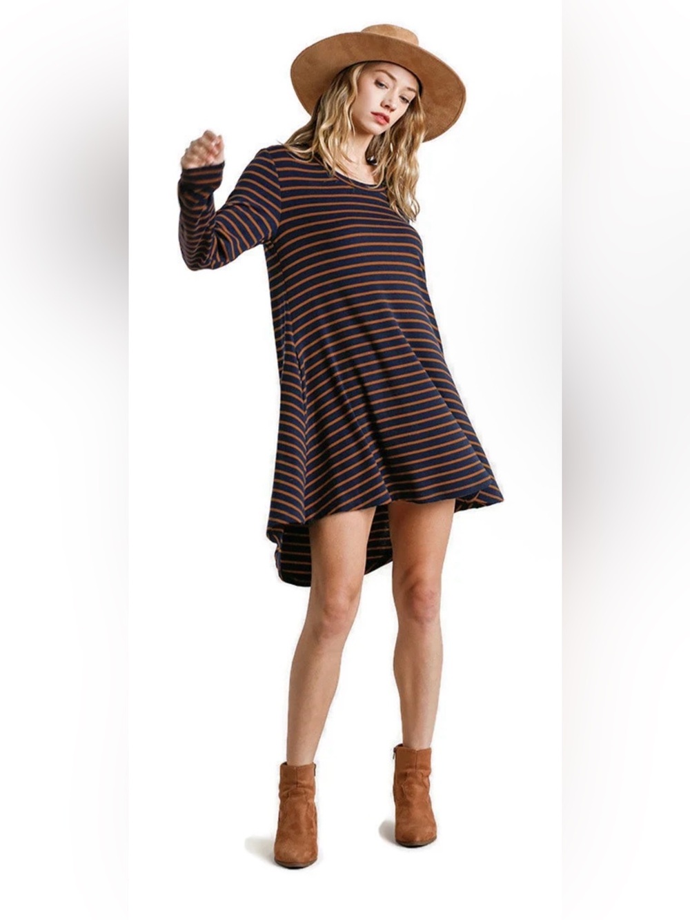 Umgee Women’s navy blue Dress Long Sleeve large With brown Stripes with Pockets